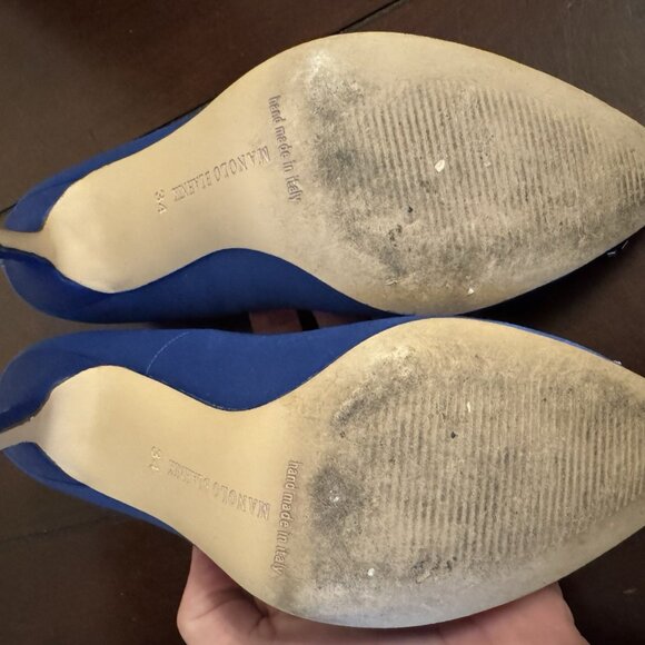 Manolo Blahnik Blue Satin Hangisi Crystal Buckle Pointed Toe Pumps - Picture 10 of 15